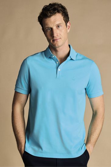 Charles Tyrwhitt Light Blue Solid Short Sleeve Cotton Tyrwhitt Pique Polo Shirt