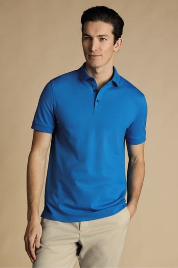 Charles Tyrwhitt Blue Solid Short Sleeve Cotton Tyrwhitt Pique Polo Shirt