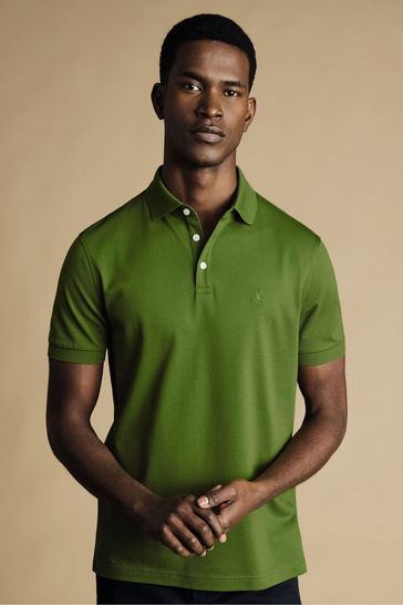 Charles Tyrwhitt Dark green Solid Short Sleeve Cotton Tyrwhitt Pique Polo Shirt