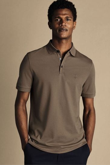 Charles Tyrwhitt Brown Solid Short Sleeve Cotton Tyrwhitt Pique Polo Shirt