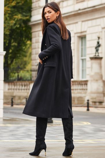 Sosandar Black Fitted Longline Wool Coat
