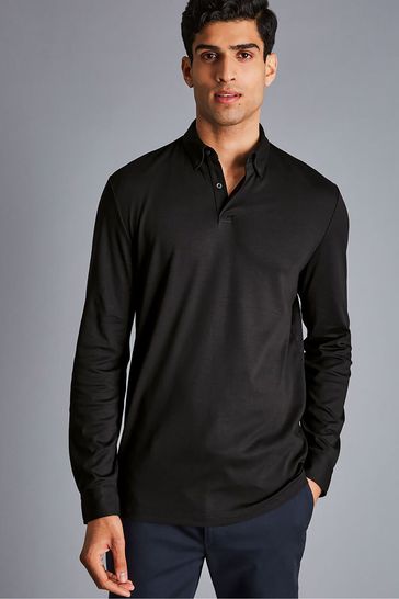 Charles Tyrwhitt Black Plain Long Sleeve Jersey Polo Shirt