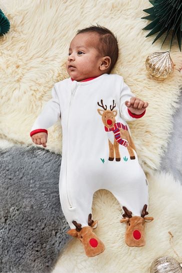 JoJo Maman Bébé Cream Reindeer Appliqué Zip Baby Sleepsuit