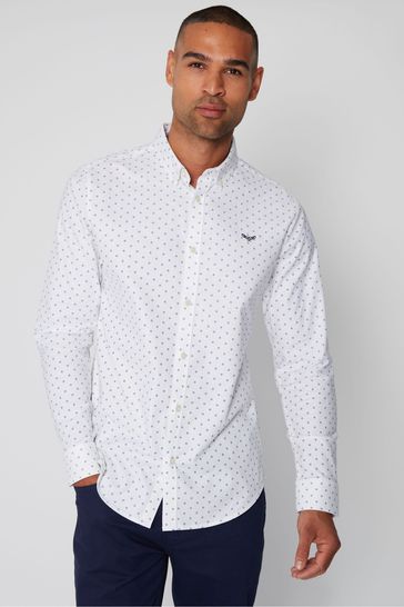 Threadbare White Geometric Print Long Sleeve Shirt With Stretch