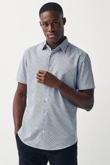 White/Blue Geometric Regular Fit Short Sleeve Easy Iron Button Down Oxford Shirt