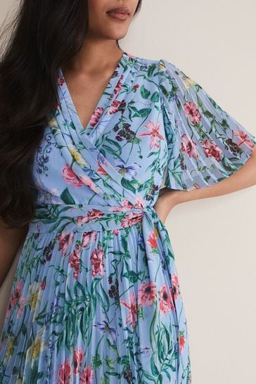 Dusty blue floral outlet pleated midi dress