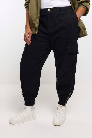 Buy River Island Black Plus Self Belt Cuffed Cargo Trousers from Next Hungary