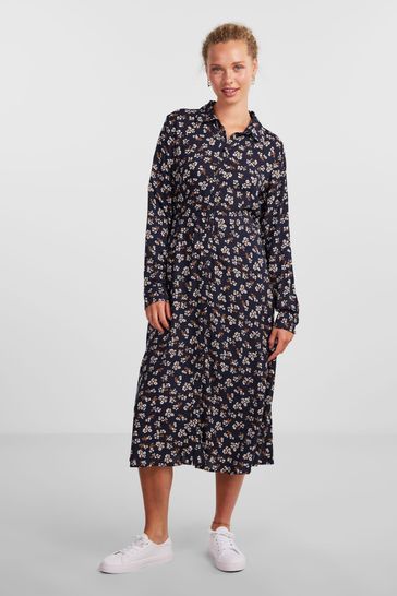 PIECES Black Printed Midi Shirt Dress