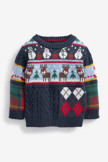 Navy Splice Check And Cable Christmas Jumper (3mths-7yrs)