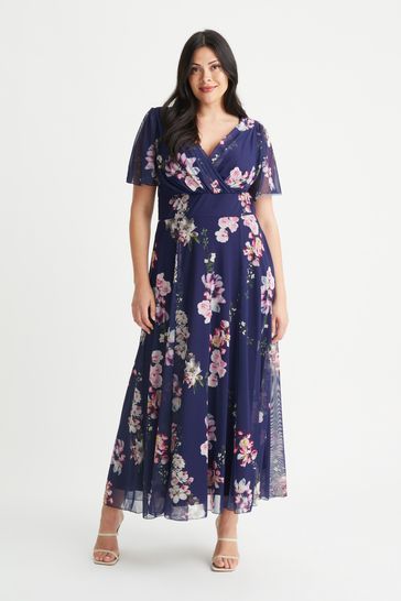 Scarlett Jo Navy Blue Angel Sleeve Maxi Dress