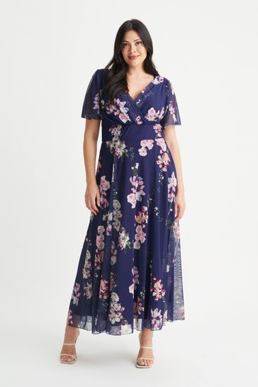 Scarlett & Jo Navy Blue Floral Isabelle Angel Sleeve Maxi Dress