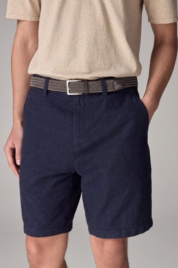 Navy Blue Belted Cotton Linen Shorts