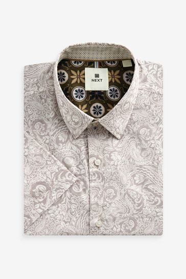 Neutral Brown Paisley Regular Fit Short Sleeve Printed Short Sleeve Shirt