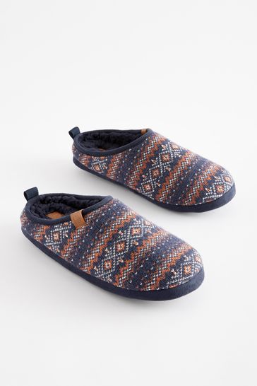 Navy Blue Knitted Fairisle Pattern Mule Slippers