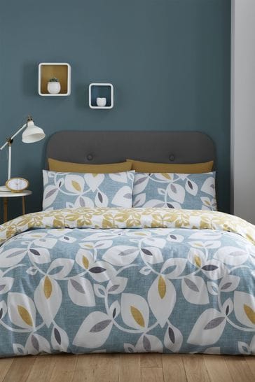 Catherine Lansfield Teal Blue Inga Leaf Duvet Cover and Pillowcase Set