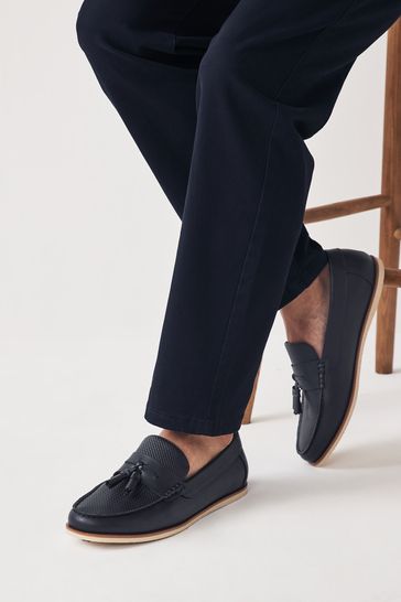 Navy Embossed Tassel Loafers