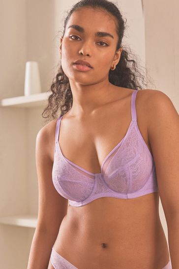 Lilac Purple DD+ Non Pad Plunge Floral Selvedge Lace Bra