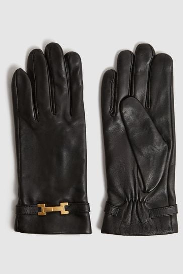 Reiss Black Harriet Leather Hardware Gloves