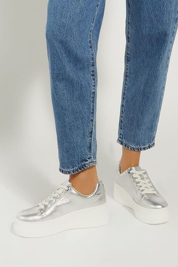Dune London Silver Episode Leather Platform Trainers