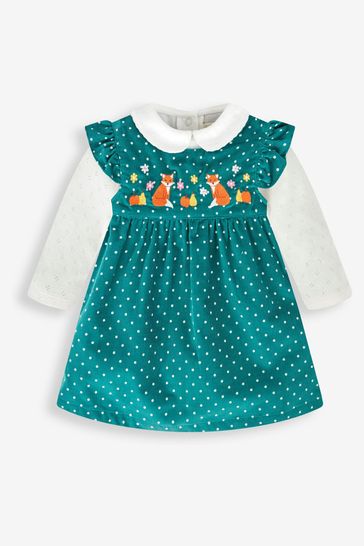 JoJo Maman Bébé Green Fox & Fruit Girls' 2-Piece Embroidered Cord Baby Dress & Body Set
