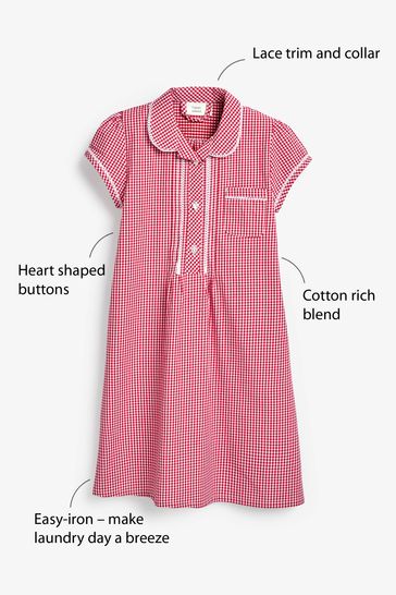 Buy Red Cotton Rich Button Front Lace Gingham School Dress 3