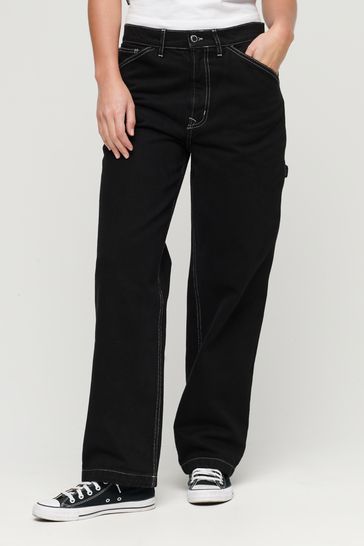 Topshop contrast denim waistband straight leg pants in black