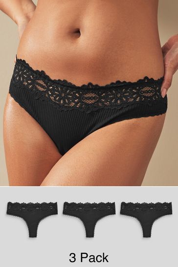 Black Thong Lace Top Rib Knickers 3 Pack