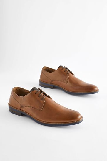 Tan Brown Leather Derby Shoes with Navy Contrast Sole