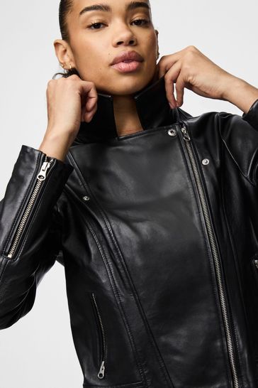 Black real leather jacket top
