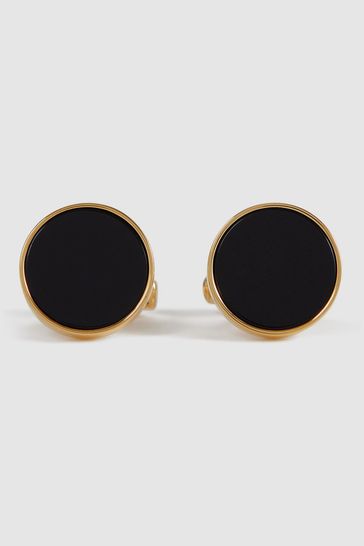 Reiss Gold Ardley Round Onyx Cufflinks