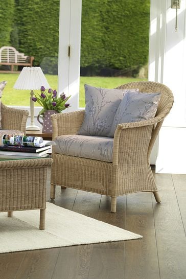 Laura Ashley Grey Garden Bewley Indoor Rattan Chair with Gosford Cranberry Cushions