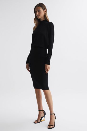 Reiss Black Freya Knitted Long Sleeve Midi Dress