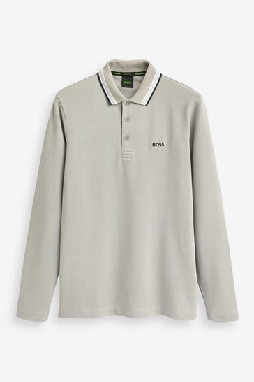 BOSS Grey Plisy Collar Detail Long Sleeve Polo Shirt