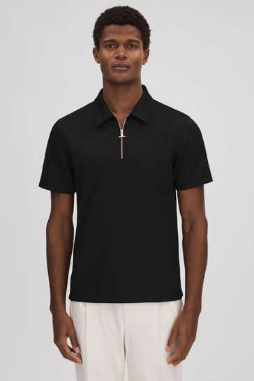 Reiss Black Floyd Slim Fit Half-Zip Polo Shirt