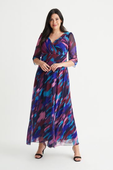 Scarlett & Jo Purple Pink & Blue Verity 3/4 Sleeve Maxi Gown