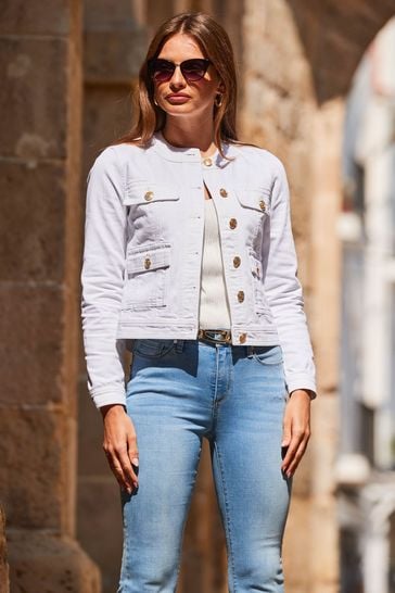 Sosandar White Pocket Front Denim Jacket With Gold Button Detail