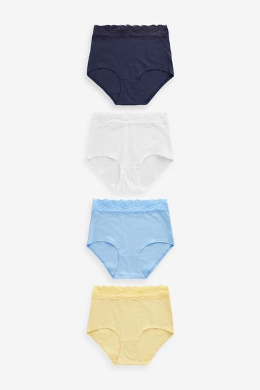 White/Blue/Yellow Full Brief Cotton and Lace Knickers 4 Pack