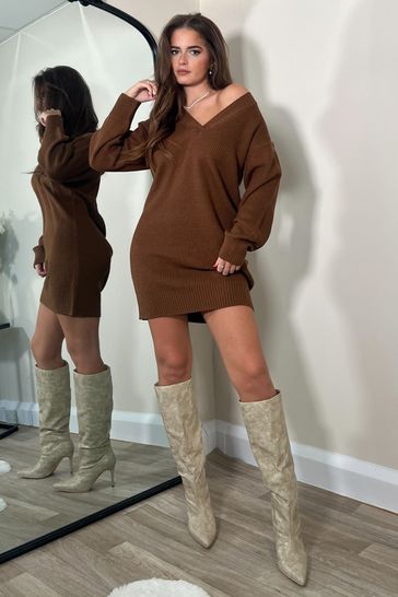 Girl In Mind Brown Victoria V-Neck Long Sleeve Knitted Mini Dress
