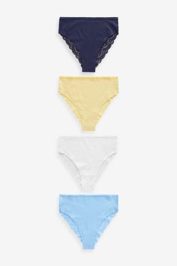 White/Blue/Yellow High Rise High Leg Cotton and Lace Knickers 4 Pack