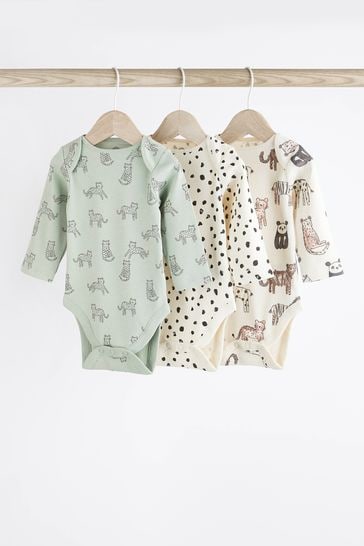 Green White Long Sleeve Ribbed Baby Bodysuits 3 Pack