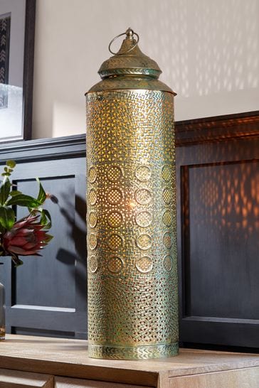 Gold XL Patterned Cutout Metal Lantern Candle Holder