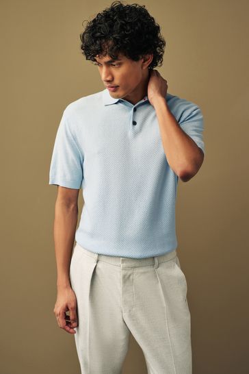 Buy Blue Knitted Bubble Textured Regular Fit Polo Shirt from Next Bahrain