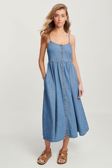 Mid Blue Button 100 Cotton Through Midi Summer Dress