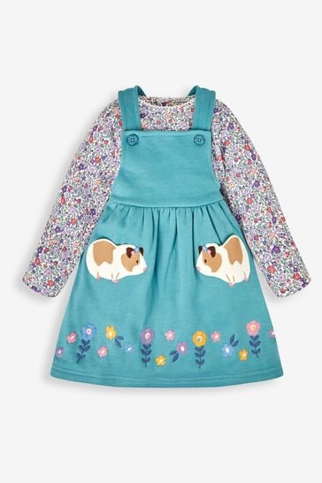 JoJo Maman Bébé Duck Egg Green Guinea Pig Girls' 2-Piece Appliqué Pinafore Dress & Top Set