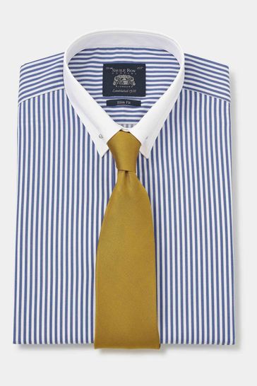 Savile Row Company Blue Stripe Slim Pin Collar Double Cuff Shirt