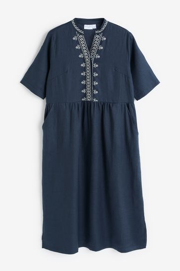Celtic & Co. Blue Linen Embroidered Short Sleeve Midi Dress