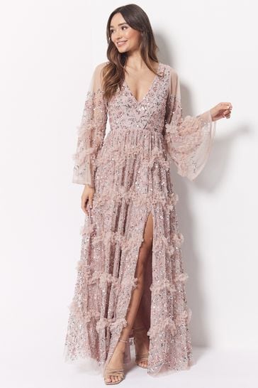 Maya Pink Embellished Long Sleeve Split Maxi Dress