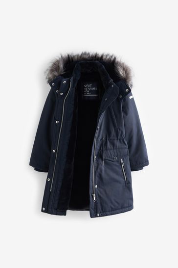 Buy Navy Blue Shower Resistant Faux Fur Trim Parka 3 16yrs from
