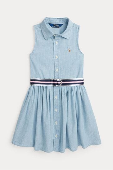 Polo Ralph Lauren Girls Blue Belted Cotton Chambray Shirt Dress