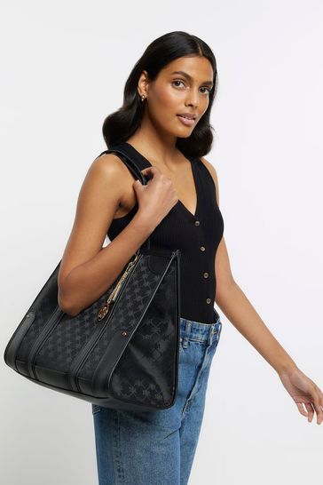 River Island Black Jacquard Panel Shopper Bag